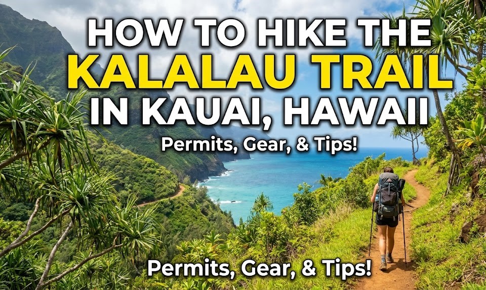 A hiker looking out over the towering, lush green cliffs of the Na Pali Coast from a high vantage point on the Kalalau Trail.