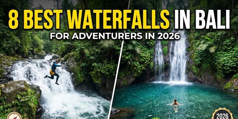 A traveler swimming in the crystal-clear pool beneath the towering Sekumpul Waterfall in the lush Bali jungle.