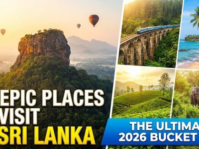 A bright blue vintage train traveling over the stone arches of the Nine Arches Bridge, surrounded by lush green tea plantations in Sri Lanka.