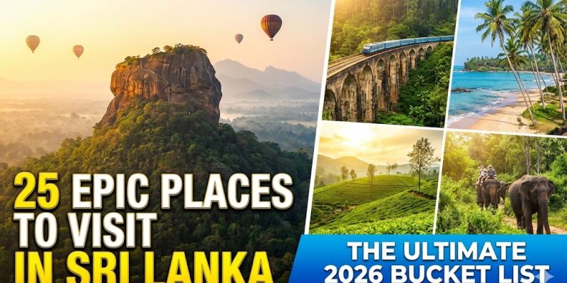 A bright blue vintage train traveling over the stone arches of the Nine Arches Bridge, surrounded by lush green tea plantations in Sri Lanka.