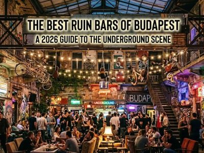The colorful and eclectic courtyard of Szimpla Kert ruin bar in Budapest, filled with mismatched vintage furniture and neon lights.
