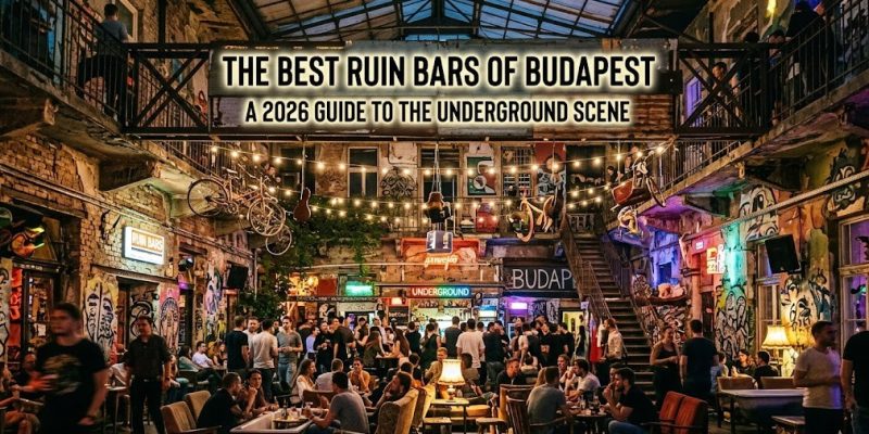 The colorful and eclectic courtyard of Szimpla Kert ruin bar in Budapest, filled with mismatched vintage furniture and neon lights.