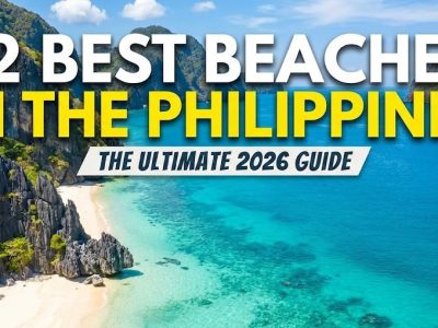 Traditional outrigger boats floating on the crystal-clear, turquoise waters of a white sand beach in the Philippines.
