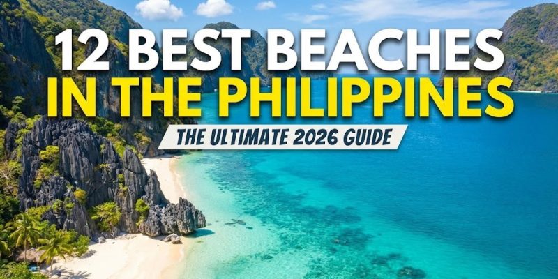 Traditional outrigger boats floating on the crystal-clear, turquoise waters of a white sand beach in the Philippines.