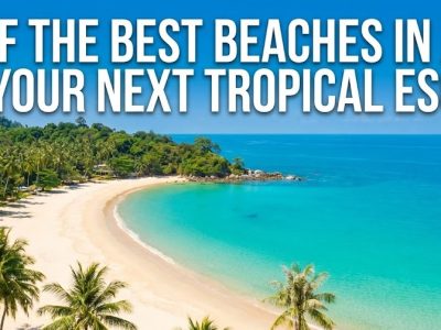 An aerial drone view of a pristine white sand beach meeting turquoise waters and lush green palm trees.