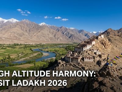A panoramic view of the 2026 Ladakh landscape with a clear blue Pangong Lake surrounded by snow-capped Himalayan peaks.