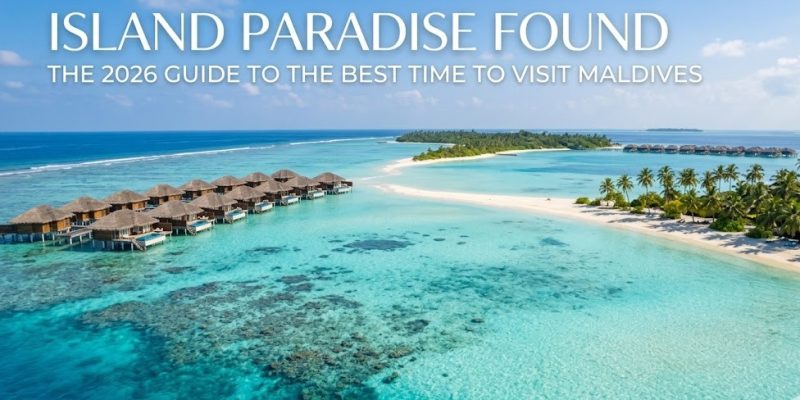 Aerial view of a luxury Maldivian resort over crystal clear turquoise waters and white sand beaches.