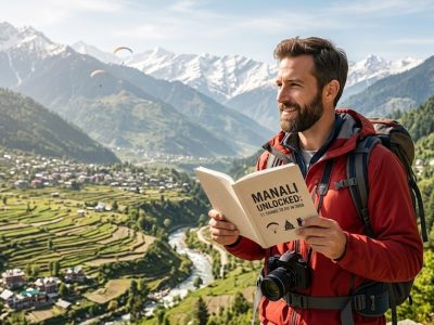 A panoramic view of snow-capped Manali peaks with paragliders soaring over the lush Solang Valley in 2026.