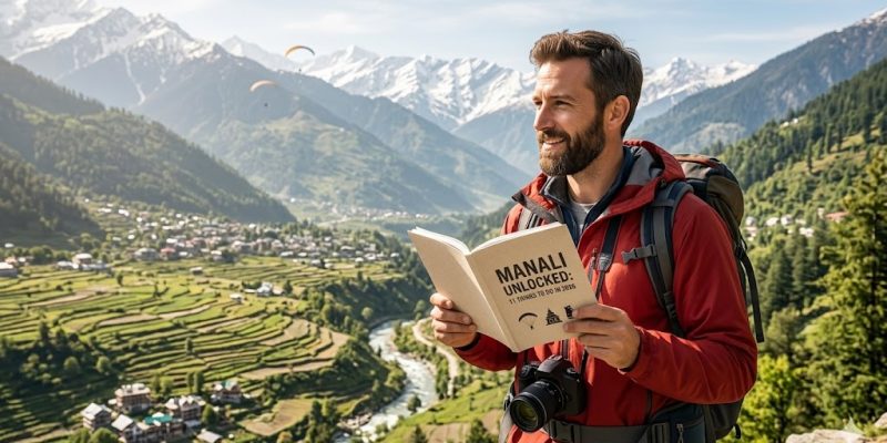 A panoramic view of snow-capped Manali peaks with paragliders soaring over the lush Solang Valley in 2026.