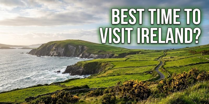 A winding road through the lush, green Irish countryside with a bright rainbow arching over a distant stone castle