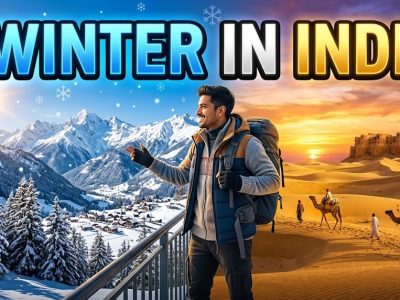 A split-screen showing a snowy Gulmarg landscape and the white salt desert of Kutch under a full moon