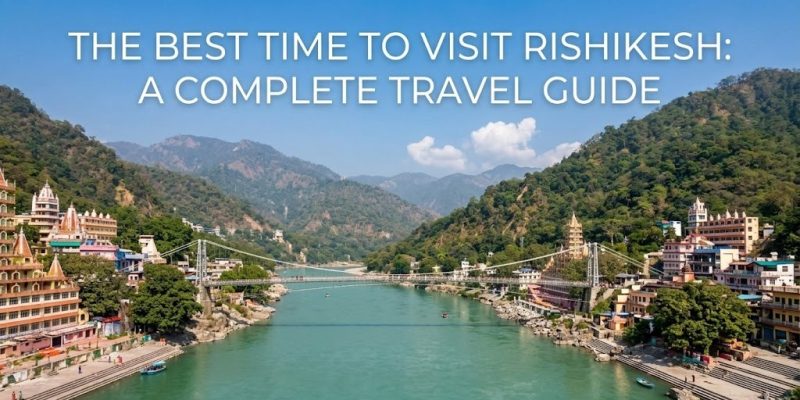 A scenic view of the River Ganges flowing through the spiritual town of Rishikesh at the foothills of the Himalayas.