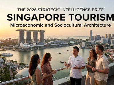 A panoramic digital overlay of the Singapore skyline at dusk, contrasting the futuristic, illuminated Supertrees of Gardens by the Bay with the historic, low-rise shophouses of Chinatown.
