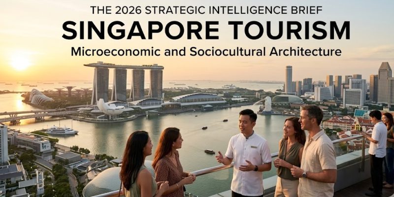 A panoramic digital overlay of the Singapore skyline at dusk, contrasting the futuristic, illuminated Supertrees of Gardens by the Bay with the historic, low-rise shophouses of Chinatown.