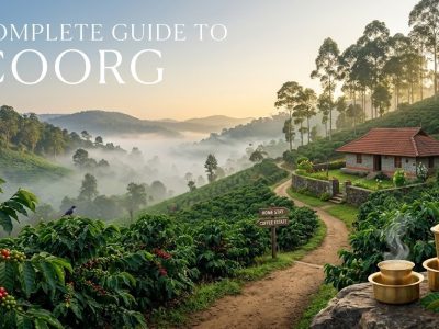 A misty morning view of a lush green coffee plantation and rolling hills in Coorg, Karnataka.