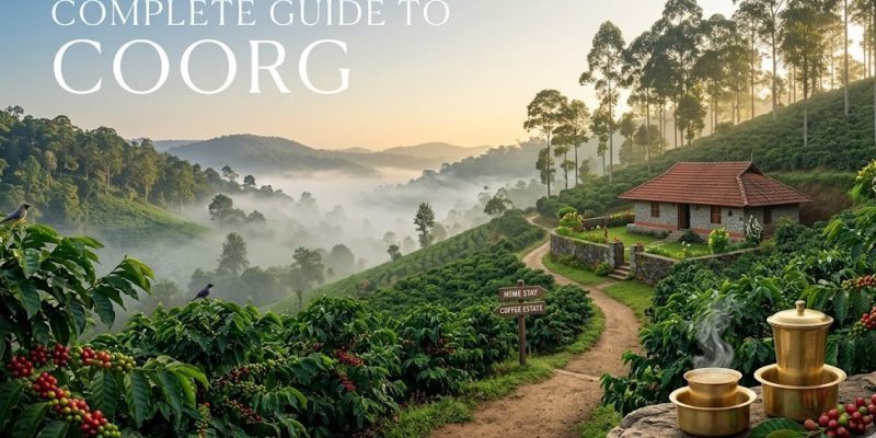 A misty morning view of a lush green coffee plantation and rolling hills in Coorg, Karnataka.