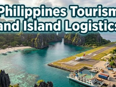 A panoramic digital photograph of a traditional Philippine Banca boat floating on the crystal-clear turquoise waters of Big Lagoon in El Nido, surrounded by towering limestone cliffs.