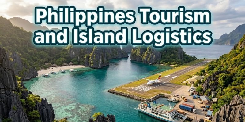 A panoramic digital photograph of a traditional Philippine Banca boat floating on the crystal-clear turquoise waters of Big Lagoon in El Nido, surrounded by towering limestone cliffs.