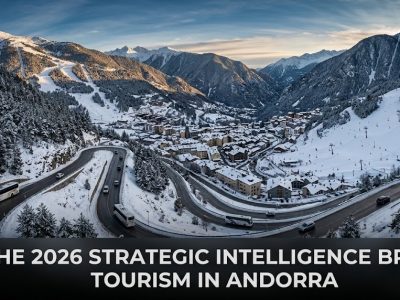 A dual-panel infographic contrasting a snow-covered Grandvalira ski slope in January with a lush, green hiking trail in the Madriu-Perafita-Claror Valley during July.