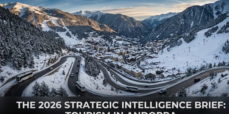 A dual-panel infographic contrasting a snow-covered Grandvalira ski slope in January with a lush, green hiking trail in the Madriu-Perafita-Claror Valley during July.