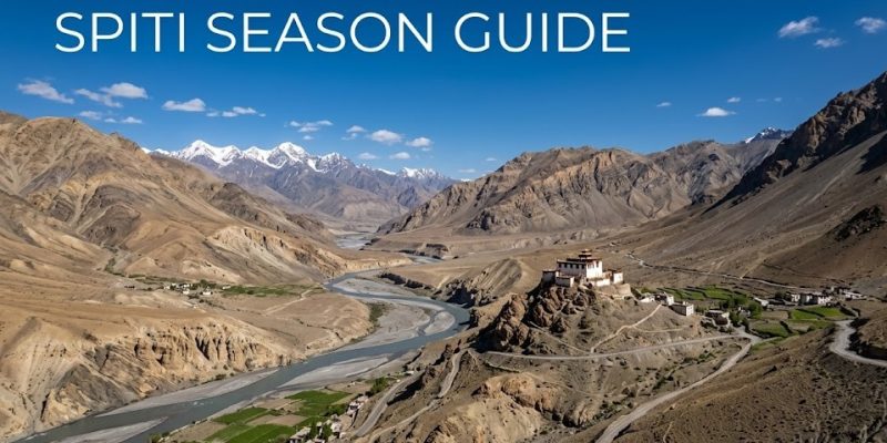 A breathtaking view of an ancient Buddhist monastery sitting atop a rugged mountain in the Spiti Valley desert landscape.