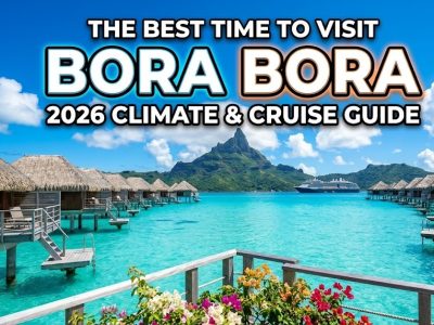 The turquoise lagoon of Bora Bora with Mount Otemanu in the background under a clear dry-season sky.