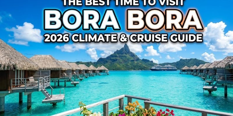 The turquoise lagoon of Bora Bora with Mount Otemanu in the background under a clear dry-season sky.