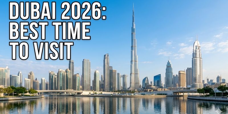 The Dubai skyline featuring the Burj Khalifa under a clear blue winter sky, ideal for sightseeing.