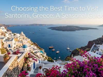 A stunning view of the blue domes and whitewashed houses of Oia, Santorini overlooking the Aegean Sea at sunset.