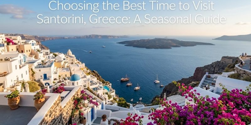 A stunning view of the blue domes and whitewashed houses of Oia, Santorini overlooking the Aegean Sea at sunset.