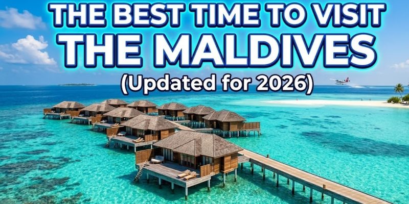 A picturesque overwater bungalow in the Maldives surrounded by crystal clear turquoise water under a sunny blue sky