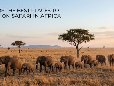A herd of wild elephants walking through the African savanna at sunrise.