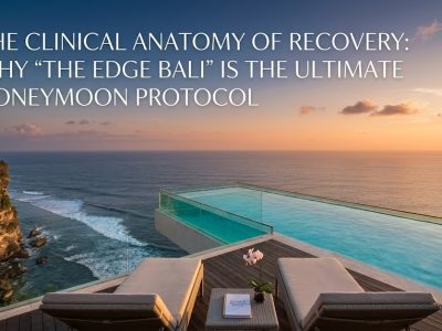 An aerial view of the iconic glass-bottom oneeighty° infinity pool at The edge Bali, suspended over the dramatic cliffs of the Indian Ocean