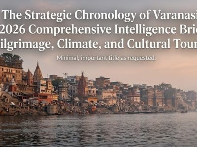 A panoramic view of the Varanasi Ghats at dawn during the temperate autumn season, featuring historic architecture and Siberian birds circling a wooden boat.