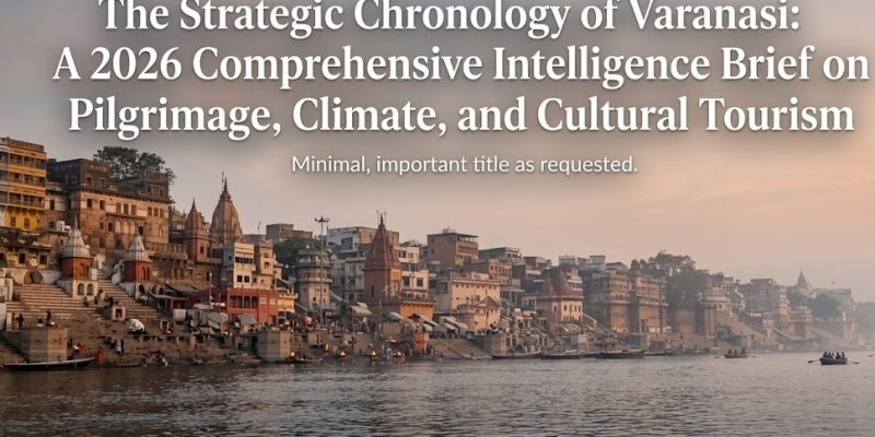 A panoramic view of the Varanasi Ghats at dawn during the temperate autumn season, featuring historic architecture and Siberian birds circling a wooden boat.