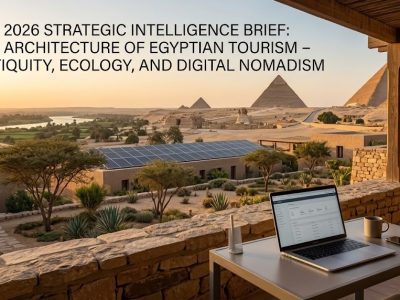 A dynamic digital composite contrasting the ancient Pyramids of Giza with a modern, high-tech coworking space overlooking the crystal-clear waters of the Red Sea.