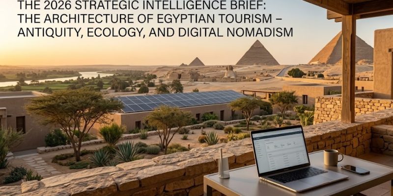 A dynamic digital composite contrasting the ancient Pyramids of Giza with a modern, high-tech coworking space overlooking the crystal-clear waters of the Red Sea.