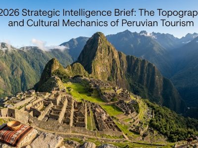 A digital composite contrasting the ancient stone terraces of Machu Picchu with the vibrant, colonial architecture of Arequipa and the dense green canopy of the Amazon basin.