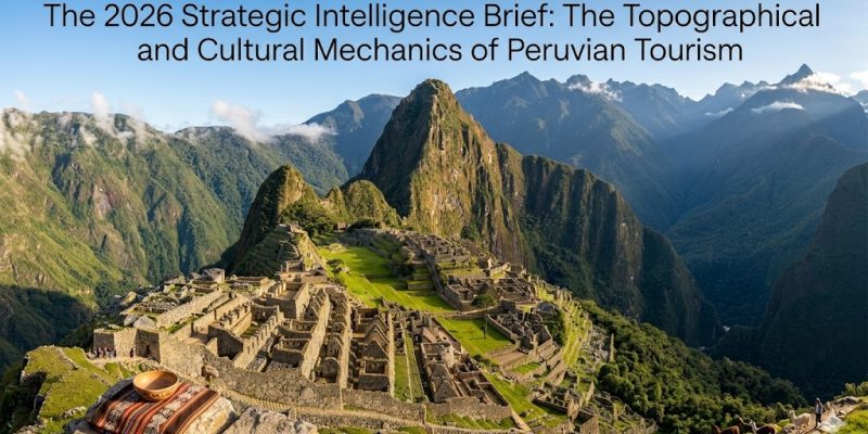 A digital composite contrasting the ancient stone terraces of Machu Picchu with the vibrant, colonial architecture of Arequipa and the dense green canopy of the Amazon basin.