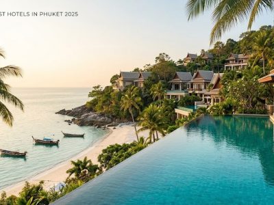 A luxury infinity pool villa at sunset overlooking the turquoise waters of Phuket, Thailand.