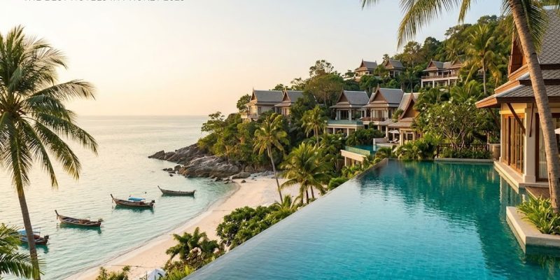 A luxury infinity pool villa at sunset overlooking the turquoise waters of Phuket, Thailand.