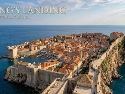 An aerial photograph of the medieval walled city of Dubrovnik, Croatia, showing the uniform terracotta roofs jutting out into the bright blue waters of the Adriatic Sea.