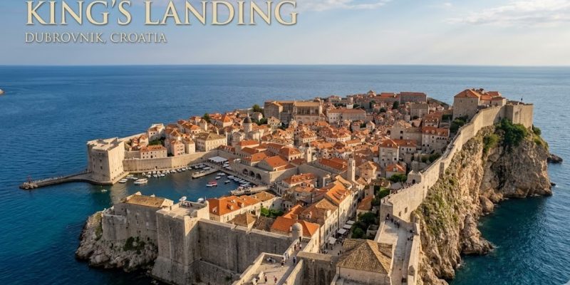 An aerial photograph of the medieval walled city of Dubrovnik, Croatia, showing the uniform terracotta roofs jutting out into the bright blue waters of the Adriatic Sea.