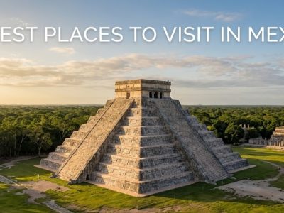 A vibrant view of the cliff-top Mayan ruins overlooking the bright turquoise waters of the Caribbean Sea in Tulum, Mexico.