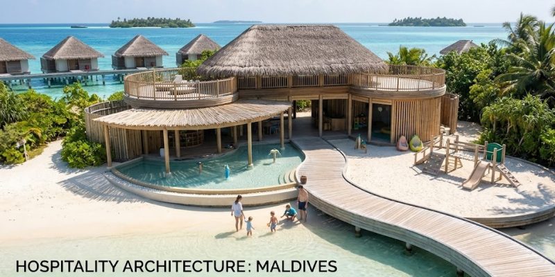 A joyful young child jumping into the clear turquoise waters of a luxury Maldivian resort lagoon, showcasing the ultimate family holiday experience.