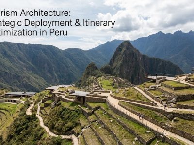 A panoramic view of the ancient, terraced stone ruins of Machu Picchu surrounded by the steep, misty peaks of the Andes Mountains.