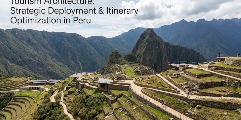 A panoramic view of the ancient, terraced stone ruins of Machu Picchu surrounded by the steep, misty peaks of the Andes Mountains.
