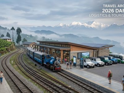 A vintage steam locomotive of the Darjeeling Himalayan Railway winding through a misty mountain town, framed by green tea plantations and distant snow-capped peaks.