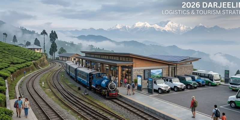 A vintage steam locomotive of the Darjeeling Himalayan Railway winding through a misty mountain town, framed by green tea plantations and distant snow-capped peaks.