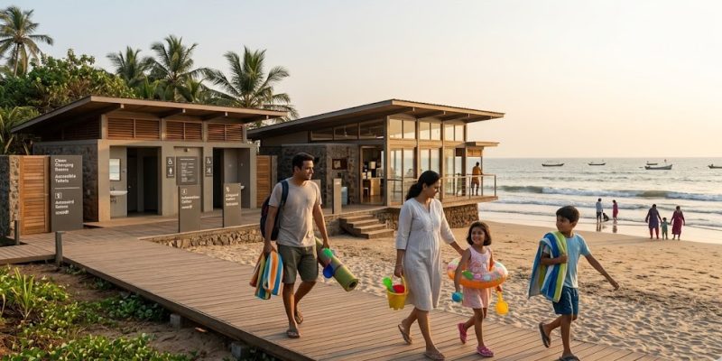 A family walking along the pristine, white sands of a Blue Flag certified beach in India during sunset, capturing the calm and safe coastal environment.